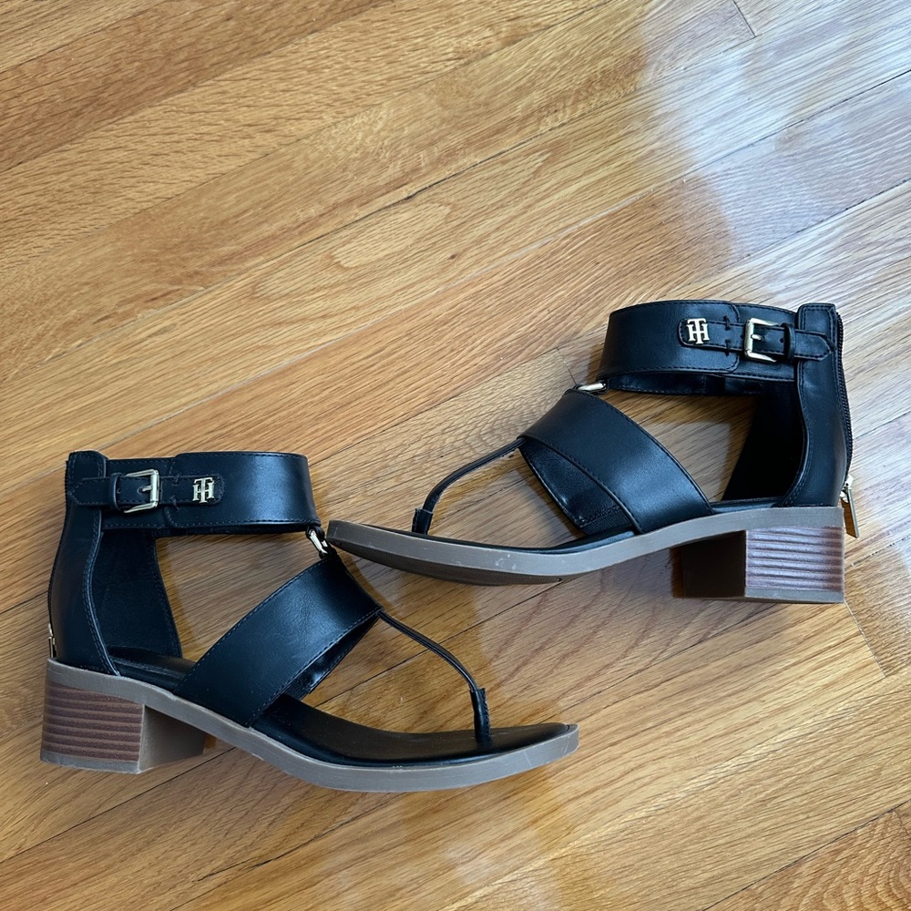 Tommy Hilfiger Black Leather Sandals with Brown Heel